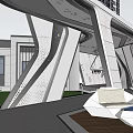 Modern Pergola Design With High Rise Buildings Colorful Landscape And Geometric Paving