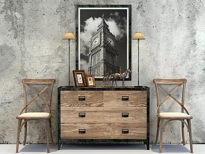 Wooden Console Table With Drawers Cross Back Chairs And Table Lamps On Gray Concrete Wall 3d model