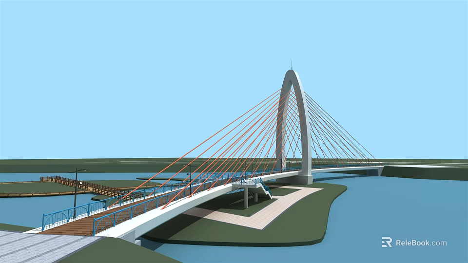 Modern Cable Stayed Arch Bridge Over River With Pedestrian Walkway And Green Surroundings 3d model 