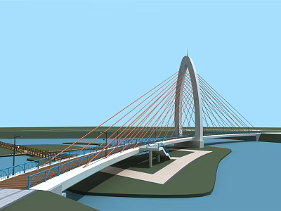 Modern Cable Stayed Arch Bridge Over River With Pedestrian Walkway And Green Surroundings 3d model