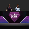 Modern Reception Desk With Purple Diamond Logo PEN Sign Staff Behind Illuminated Counter