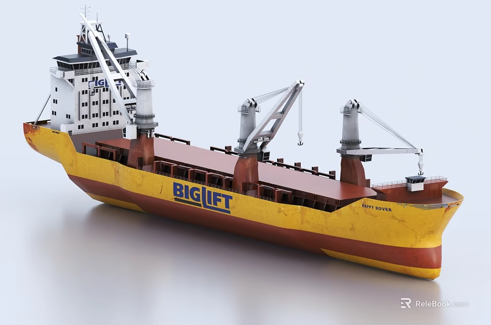 Wooden Cargo Ship With Big Lift Logo Cranes And Yellow Brown Hull 3d model 