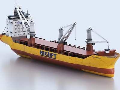 Wooden Cargo Ship With Big Lift Logo Cranes And Yellow Brown Hull 3d model