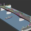 Pedestrian Bridge With Water Area Small Boat Pedestrians Columns Railing And Steps