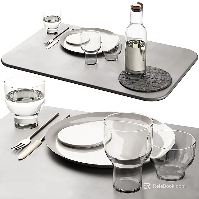 Sleek Modern Dinnerware Set With White Plates Clear Glasses Black Tray And Stainless Steel Cutlery 3d model 
