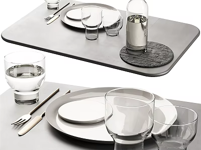 Sleek Modern Dinnerware Set With White Plates Clear Glasses Black Tray And Stainless Steel Cutlery 3d model
