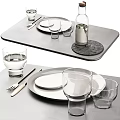 Sleek Modern Dinnerware Set With White Plates Clear Glasses Black Tray And Stainless Steel Cutlery