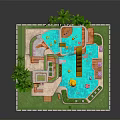 Cartoon Scene Featuring Multi story Building Swimming Pool Slide Rubber Duck Palm Trees And Lawn 3d model