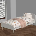 Modern Kids Bed with White Frame Patterned Bedding Pink Blanket and Wooden Floor