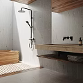 Modern Bathroom Interior With Wooden Bathtub Gray Tiled Walls And Vanity Sink