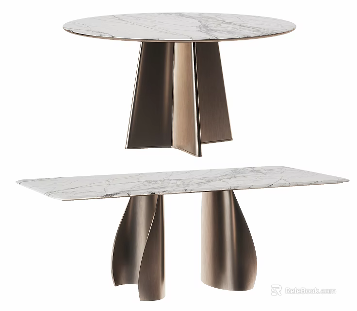 Round And Rectangular Modern Dining Table With Marble Top And Metal Legs 3d model 