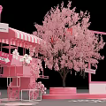 Pink Sakura Tree Display With Decorative Cart Street Sign And Frame