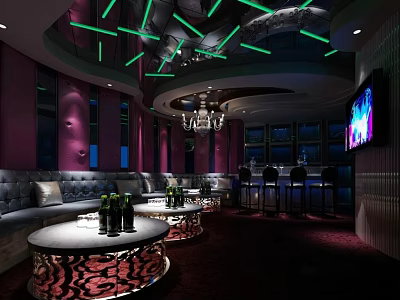 Modern KTV Interior Design With Purple Walls Sofas Round Tables And Green Neon Lights 3d model