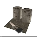 Vintage Rusty Metal Buckets With Weathered Old Paintbrush On White Background