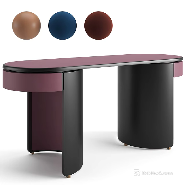 Modern Curved Desk with Pink Surface and Black Cylindrical Legs Design 3d model 