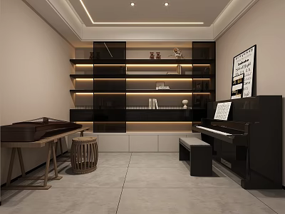 Modern Entertainment Room Interior With Black Piano Open Shelves Stool And Decorative Items 3d model
