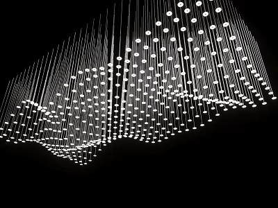 Chandelier with Slender Metal Wires Hanging White Spherical Lights in Wavy Arrangement on Black Background 3d model