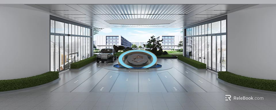Shopping Mall Lobby With Large Windows Natural Light Central Circular Installation Green Plants Sleek Floor 3d model 