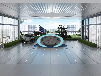 Shopping Mall Lobby With Large Windows Natural Light Central Circular Installation Green Plants Sleek Floor 3d model