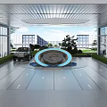 Shopping Mall Lobby With Large Windows Natural Light Central Circular Installation Green Plants Sleek Floor
