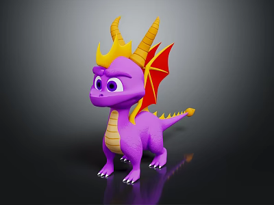 Cute Purple Cartoon Dragon With Yellow Horns Red Wings And Big Eyes 3d model