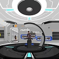 Future Themed Science Center Interior With Circular Platform And Tech Exhibits Blue Accents