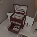 Elegant Red Jewelry Organizer Set With Mirror Drawers Cosmetics And Pink Rose Vase On Desktop
