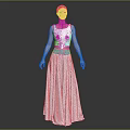 Female Character Wearing White Top Silver Long Skirt And Blue Waistband Standing On Gray Background