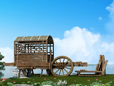 Antique Wooden Carriage with Bamboo Roof by Lakeside Green Grass and Flowers 3d model