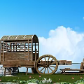 Antique Wooden Carriage with Bamboo Roof by Lakeside Green Grass and Flowers