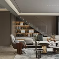 Modern Open Concept Dining and Living Room Interior With Sofa Coffee Table and Floor-to-Ceiling Windows