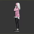 Anime Game Character With Pink Hair Red Eyes Pink Hoodie White Undershirt Black Leggings Sneakers