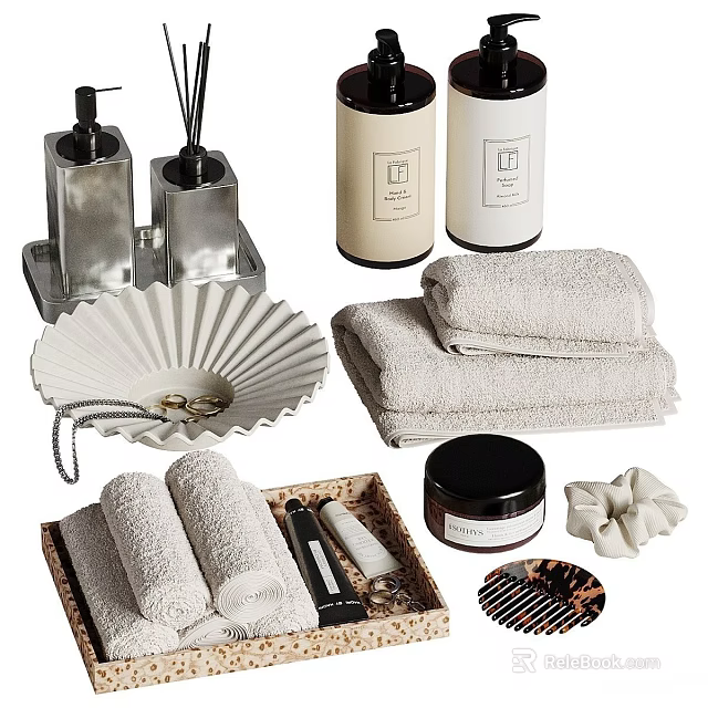 Essential Laundry And Daily Supplies Including Folded Towels Soap Dispensers Candles And Soap Dish 3d model 