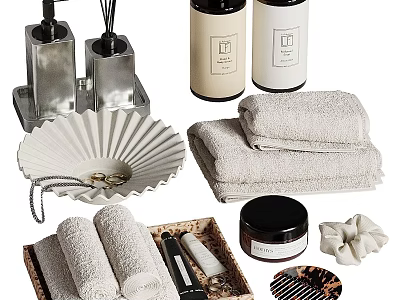 Essential Laundry And Daily Supplies Including Folded Towels Soap Dispensers Candles And Soap Dish 3d model