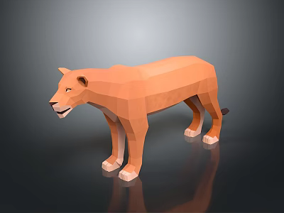 Low Poly Orange Lion 3D Model Standing on Dark Background with Reflection 3d model
