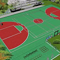 Outdoor Basketball Court with Green and Red Surface White Lines and Surrounding Trees
