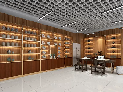 Ceramic Specialty Store Interior With Wooden Shelves Vases Plates White Tiled Floor Grid Ceiling And Tables 3d model