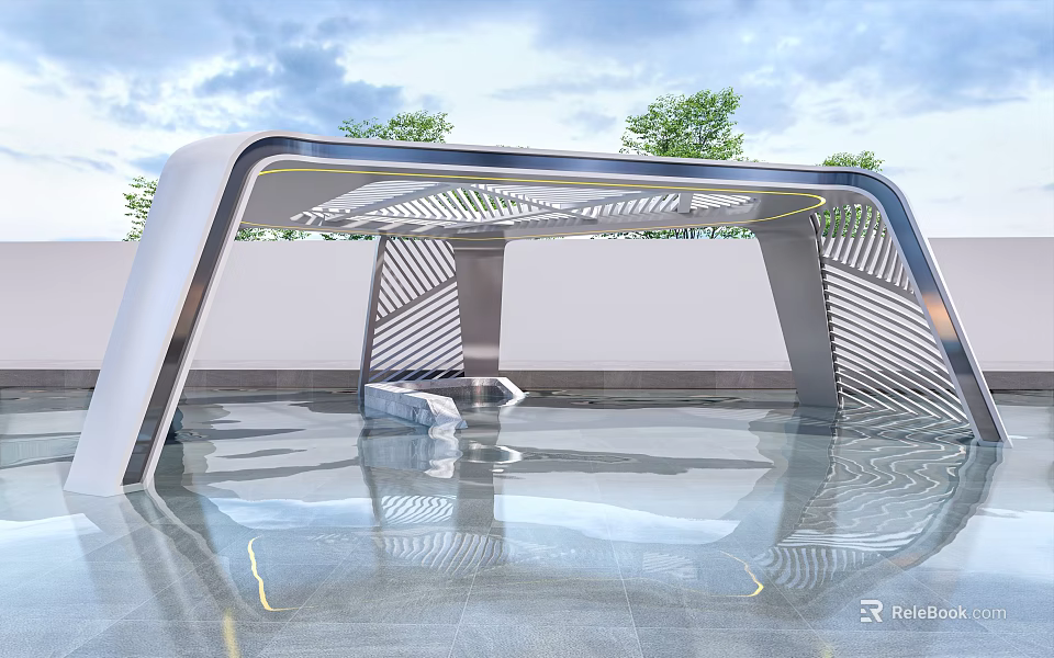 Modern Curved Roof Structure With Water Reflection Green Trees And Clear Sky 3d model 