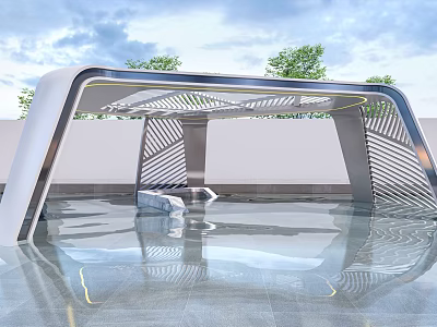 Modern Curved Roof Structure With Water Reflection Green Trees And Clear Sky 3d model