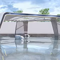 Modern Curved Roof Structure With Water Reflection Green Trees And Clear Sky
