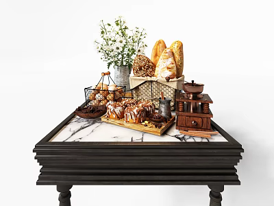Delicious Bread And Pastries On Marble Table With Flowers And Wooden Rack 3d model