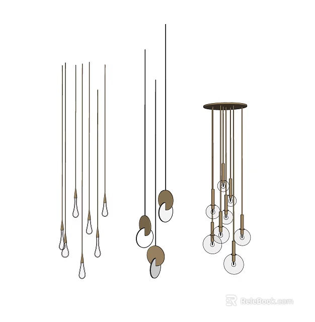 Modern Multiple Pendant Lights Designs Featuring Hanging Metal Cords And Various Shapes 3d model 