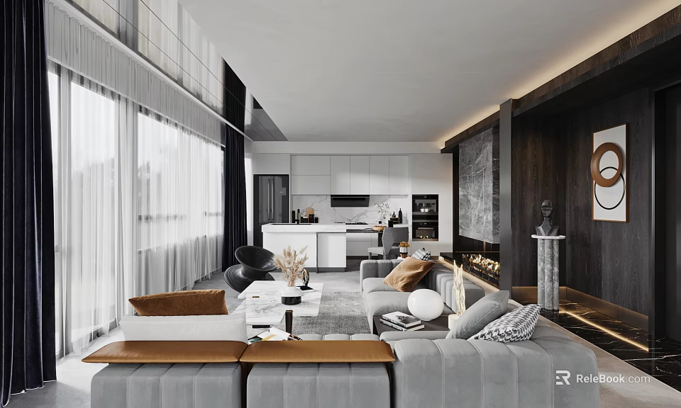 Modern Open Living and Dining Room Interior With Gray Sofa White Kitchen Island And Fireplace 3d model 