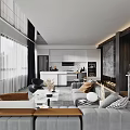 Modern Open Living and Dining Room Interior With Gray Sofa White Kitchen Island And Fireplace