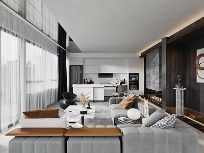 Modern Open Living and Dining Room Interior With Gray Sofa White Kitchen Island And Fireplace 3d model