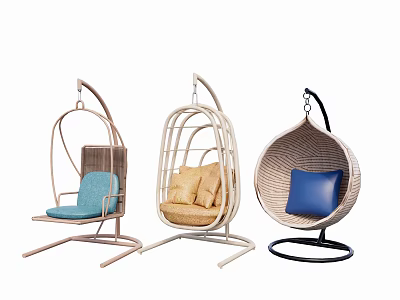 Stylish Rattan Hanging Chairs With Three Different Designs And Comfortable Cushions 3d model