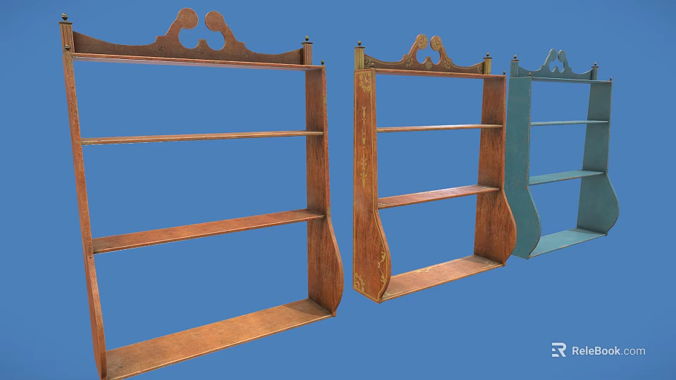 Vintage Wooden Storage Shelves With Decorative Tops In Different Colors For Home Decor 3d model 