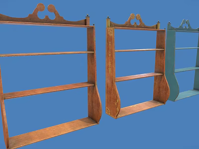 Vintage Wooden Storage Shelves With Decorative Tops In Different Colors For Home Decor 3d model
