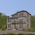 Two Story Detached Villa With Black Roof Beige Exterior Balconies Surrounded By Trees And Garden