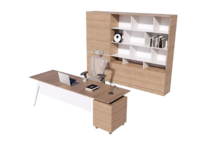 Modern Wooden Desk and Chair Set with Bookcase Laptop Lamp and Documents 3d model